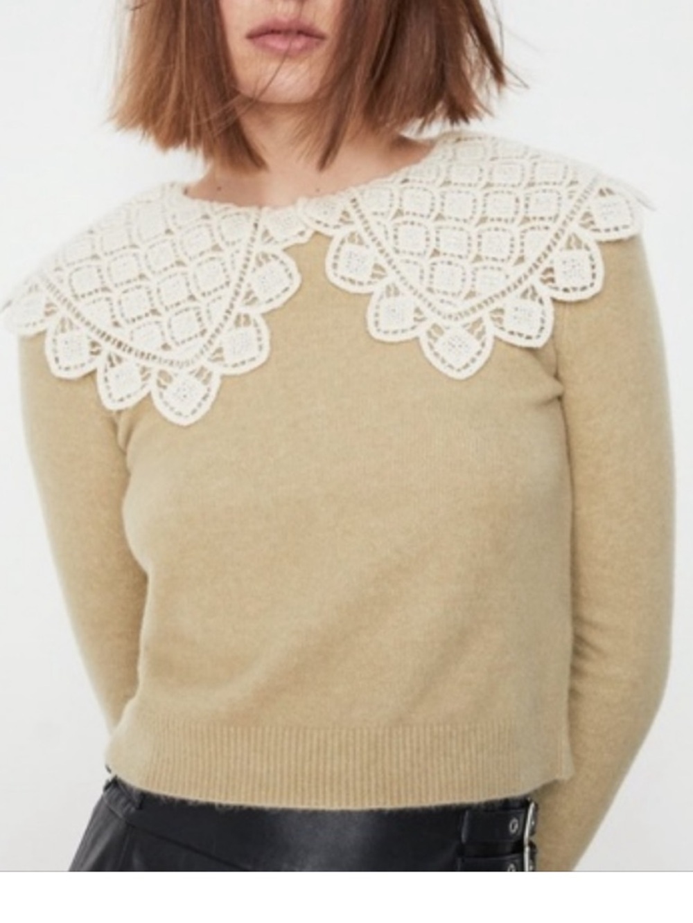 Worn 1x - Crochet Collar LS Knit Sweater - Lt Pistachio Green